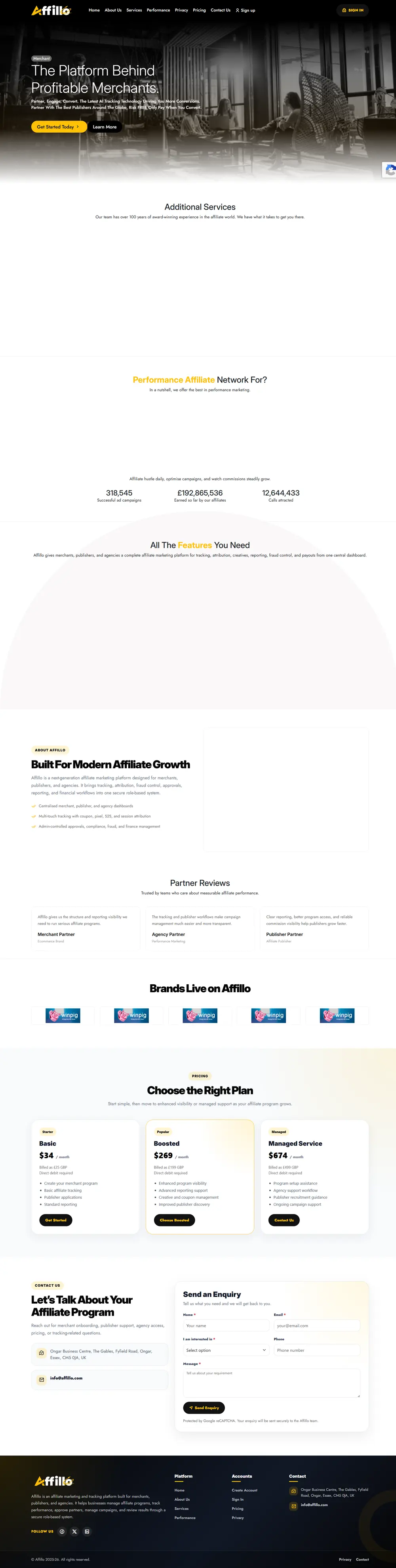 Affillo — role-based affiliate platform with merchant, publisher and agency journeys