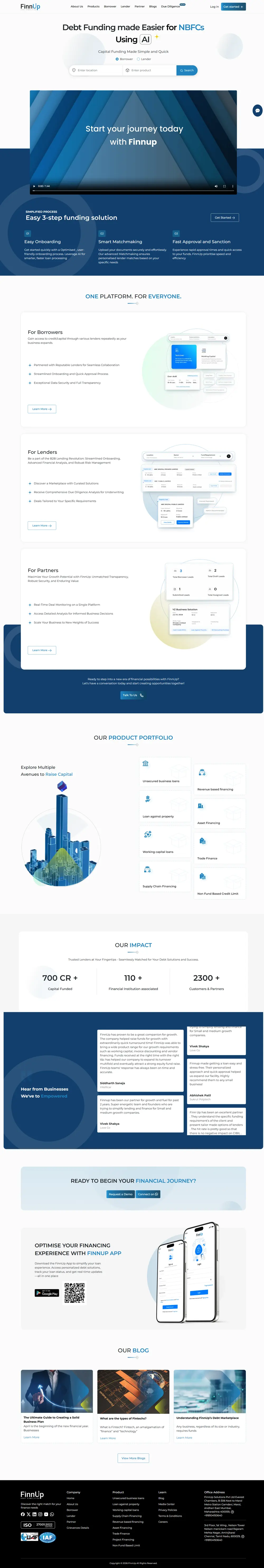 FinnUp marketing site — borrower, lender and partner journeys in one funnel